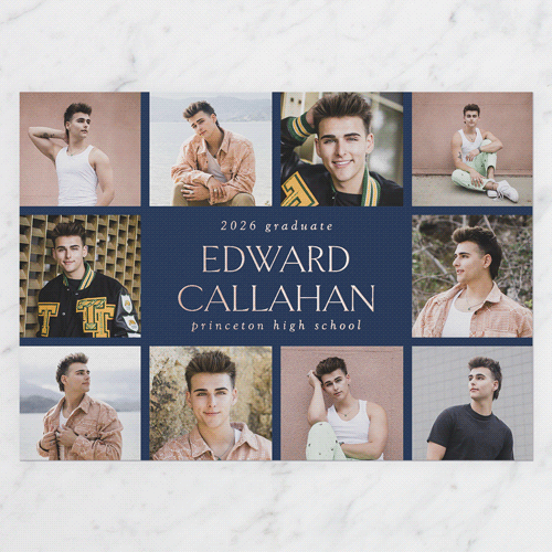 Editable Grad Grid Graduation Announcement, Rose Gold Foil, Grey, 5x7, Matte, Personalized Foil Cardstock, Square, Whisper Gray