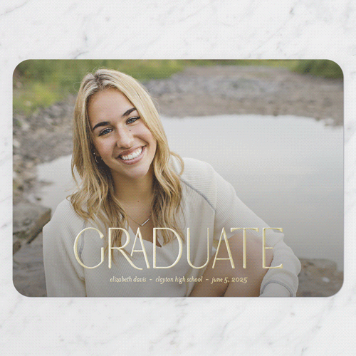 Quiet Type Graduation Announcement, Gold Foil, White, 5x7, Matte, Personalized Foil Cardstock, Rounded