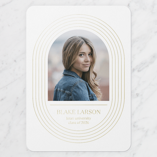 Elaborate Oval Graduation Announcement, Gold Foil, White, 5x7, Matte, Personalized Foil Cardstock, Rounded, White