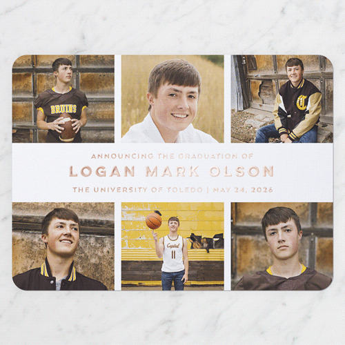 Simple Showcase Graduation Announcement, White, Rose Gold Foil, 6x8, Write Your Own, Matte, Personalized Foil Cardstock, Rounded, White