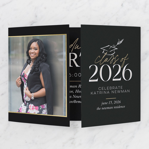 Classy Chic Graduation Invitation, Black, Gate Fold, Pearl Shimmer Cardstock, Square, Black