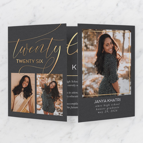 Elaborate Longhand Graduation Announcement, Grey, Gate Fold, Matte, Folded Smooth Cardstock, Square, Charcoal