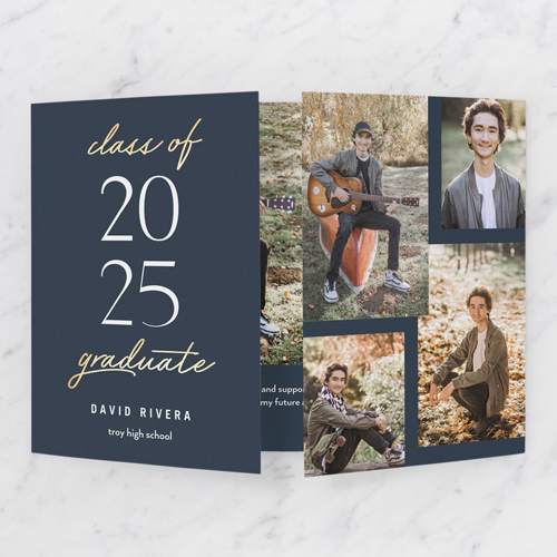Layered Fonts Graduation Announcement, Blue, Gate Fold, Matte, Folded Smooth Cardstock, Square