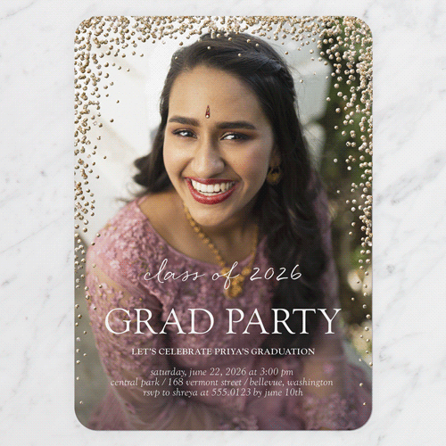 Sparkling Sprinkle Graduation Invitation, White, Write Your Own, Antique Gold Glitter, Matte, Signature Smooth Cardstock, Rounded, White