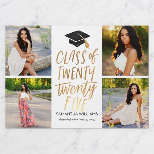 Capped Class Graduation Announcement, White, 5x7 Flat, Signature Smooth Cardstock, Square