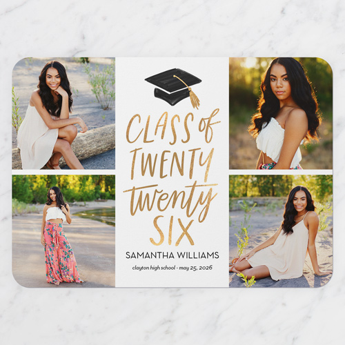 Capped Class Graduation Announcement, White, 5x7 Flat, Signature Smooth Cardstock, Rounded, White