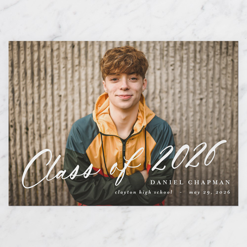 Iconic Script Graduation Announcement, White, 5x7 Flat, Pearl Shimmer Cardstock, Square, White