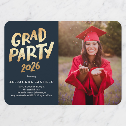 Collegiate Celebration Graduation Invitation, Blue, 5x7 Flat, Pearl Shimmer Cardstock, Rounded, Navy