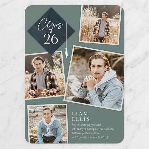 Tassel Snapshots Graduation Invitation, none, Green, 5x7 Flat, 100% Recycled Cardstock , Rounded, Mantis