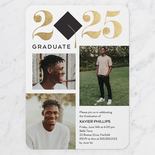 Iconic Cap Graduation Invitation, White, 5x7 Flat, Pearl Shimmer Cardstock, Rounded