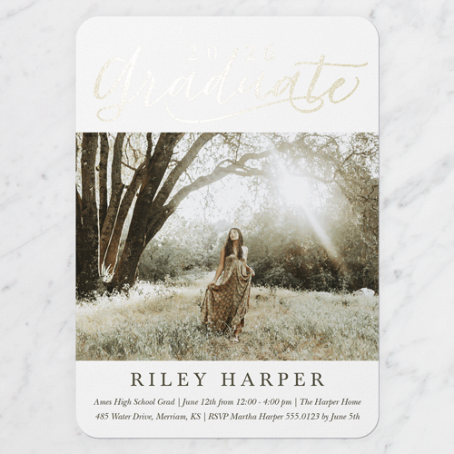 Exultant Grad Graduation Invitation, White, Gold Foil, 5x7 Flat, Pearl Shimmer Cardstock, Rounded, White