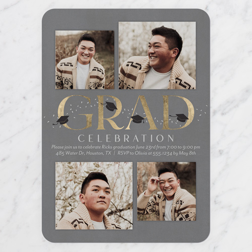 Capped Sprinkles Graduation Invitation, Grey, 5x7 Flat, Pearl Shimmer Cardstock, Rounded