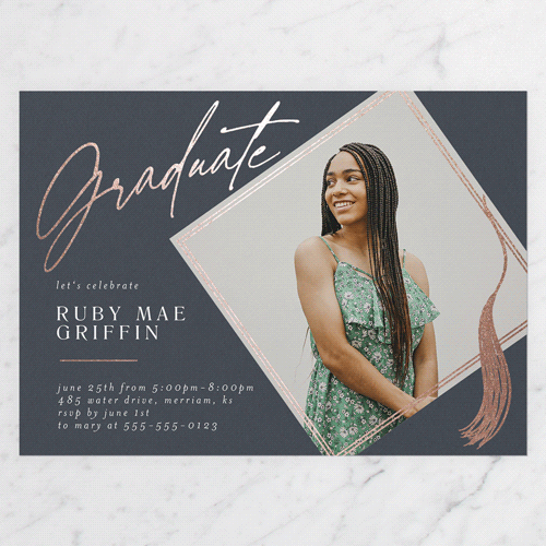 Captivating Tassel Graduation Invitation, Rose Gold Foil, Grey, 5x7 Flat, Luxe Double-Thick Cardstock, Square, Blue Slate