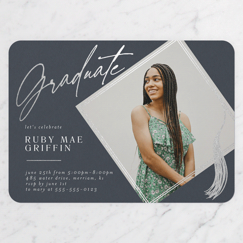 Captivating Tassel Graduation Invitation, Silver Foil, Grey, 5x7 Flat, Pearl Shimmer Cardstock, Rounded
