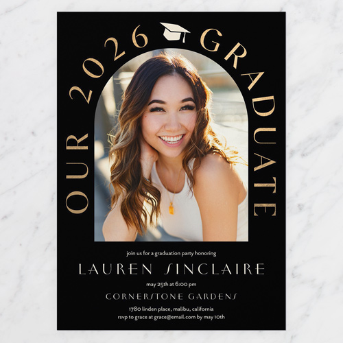 Arched Cap Graduation Invitation, Black, 5x7 Flat, Pearl Shimmer Cardstock, Square, Black