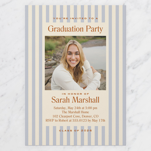 Vintage Stripes Graduation Invitation, Blue, 5x7 Flat, Write Your Own, Luxe Double-Thick Cardstock, Square, Sky
