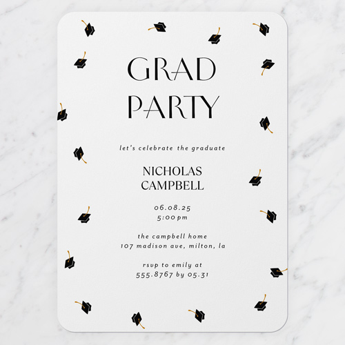 Cap Showers Graduation Invitation, White, 5x7 Flat, Write Your Own, Pearl Shimmer Cardstock, Rounded