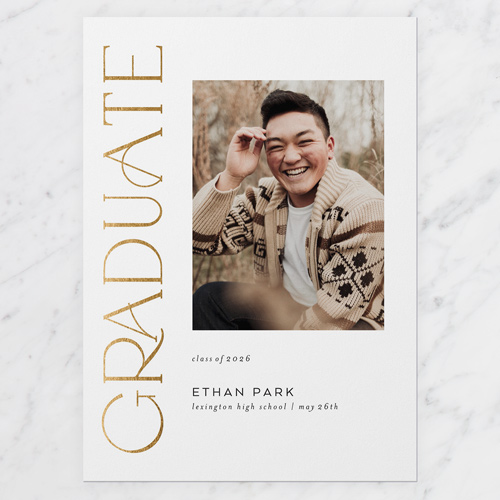 Luxe Grad Graduation Announcement, White, 5x7 Flat, Pearl Shimmer Cardstock, Square, White