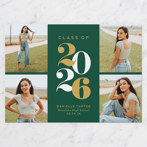 School Spirit Graduation Announcement, Green, 5x7 Flat, Pearl Shimmer Cardstock, Square, Spruce