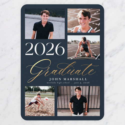 Fancy Penmanship Graduation Announcement, Blue, 5x7 Flat, Matte, Signature Smooth Cardstock, Rounded, Navy