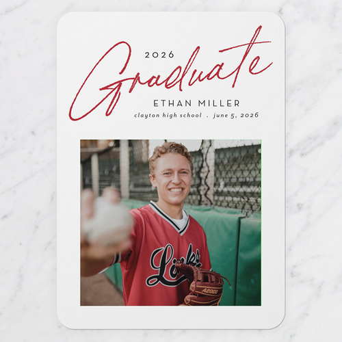 Superb Script Graduation Announcement, White, 5x7 Flat, Standard Smooth Cardstock, Rounded, White