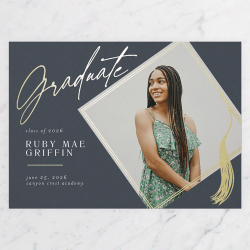 Captivating Tassel Graduation Announcement, Gold Foil, Grey, 5x7 Flat, Luxe Double-Thick Cardstock, Square, Blue Slate