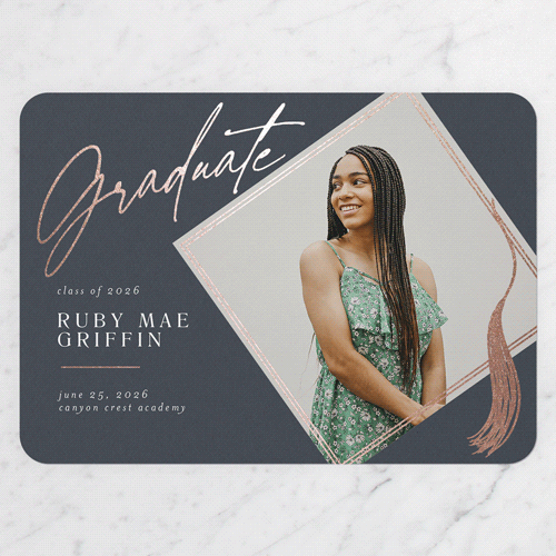 Captivating Tassel Graduation Announcement, Rose Gold Foil, Grey, 5x7 Flat, Pearl Shimmer Cardstock, Rounded, Blue Slate