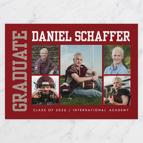 Side Varsity Graduation Announcement, Red, 5x7 Flat, Write Your Own, 100% Recycled Cardstock , Square, Marsala