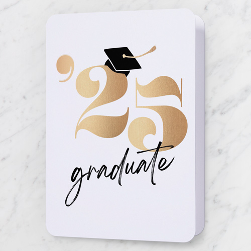 Capped Year Graduation Greeting Card, White, 5x7 Folded, Pearl Shimmer Cardstock, Rounded