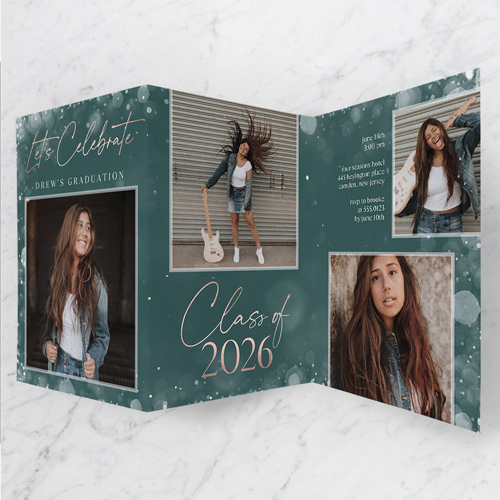 Bokeh Scholar Graduation Invitation, Green, Trifold, Matte, Folded Smooth Cardstock, Seaweed