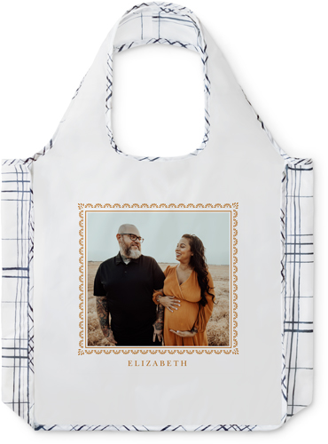 Boho Frame Reusable Shopping Bag, Plaid, Brown, camel