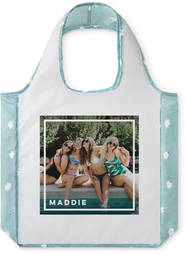 Simple Name Border Reusable Shopping Bag, Floral, White