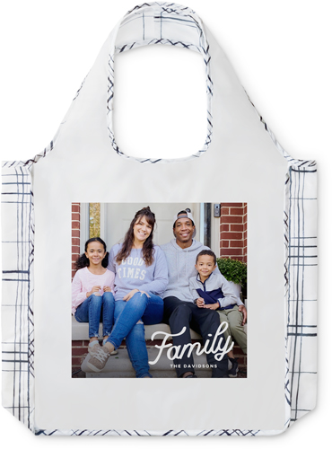 Tilted Family Letters Reusable Shopping Bag, Plaid, White