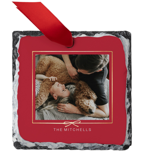 Bow Border Slate Ornament, Red, Square, scarlet