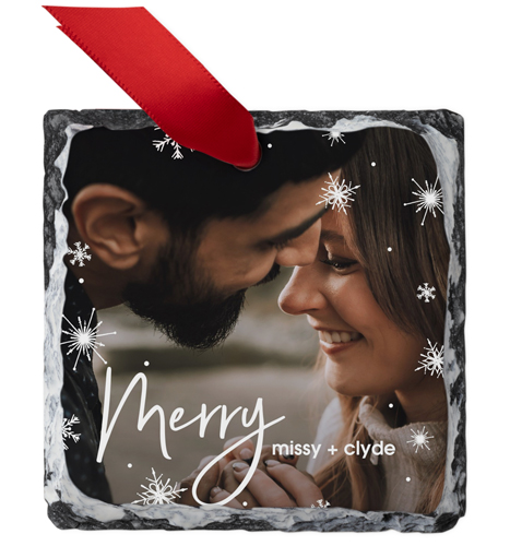 Merry Snowflake Sparkles Slate Ornament, White, Square