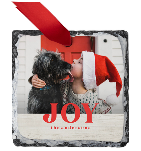 Wooden Joy Slate Ornament, Red, Square, bright coral