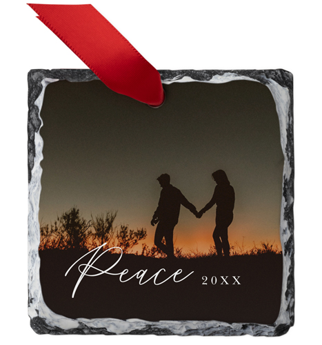 Peace Script Slate Ornament, White, Square