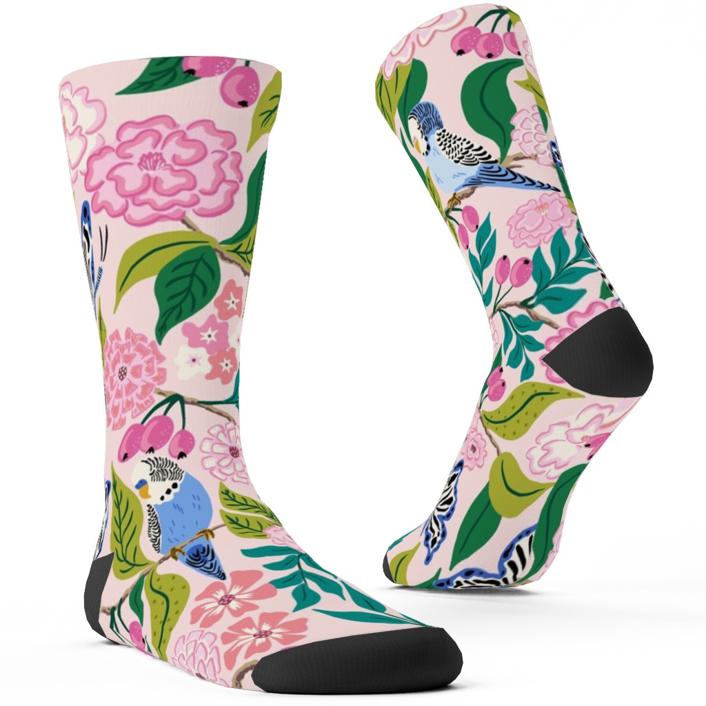 Budgies and Butterflies - Pink and Green Custom Socks, Pink
