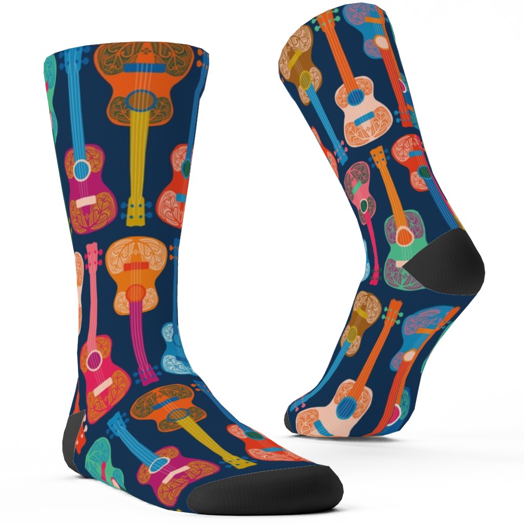 Hawaiian Ukulele - Multicolor on Blue Custom Socks, Multicolor