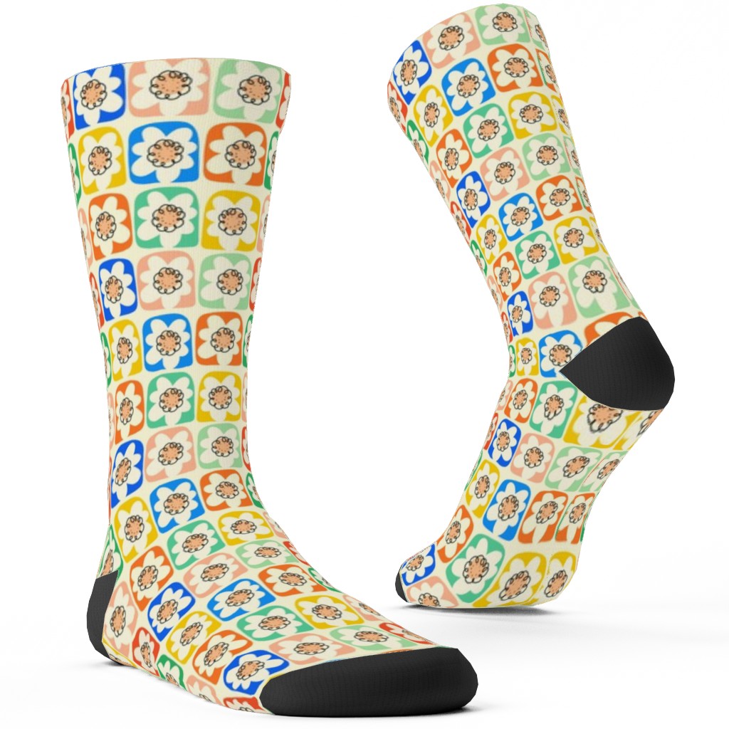 Abstract Retro Flower Doodle Squares - Multi Custom Socks, Multicolor