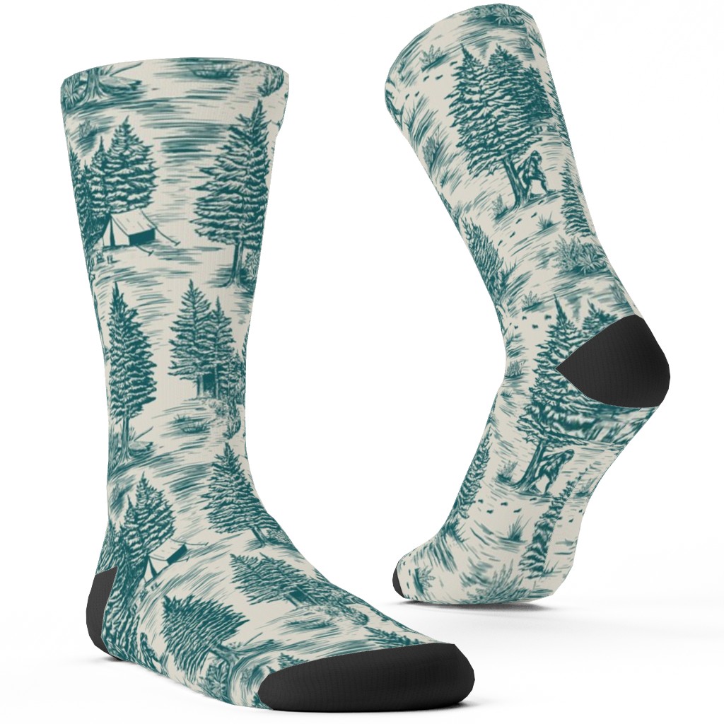 Bigfoot Sasquatch Toile De Jouy Custom Socks, Green, Wave