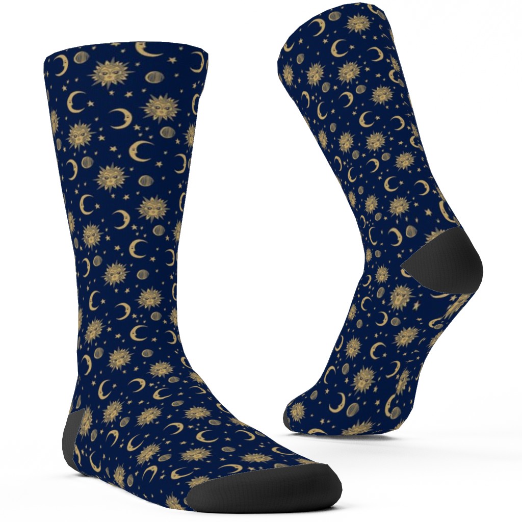 Sun Moon and Stars - Dark Custom Socks, Blue, True Blue