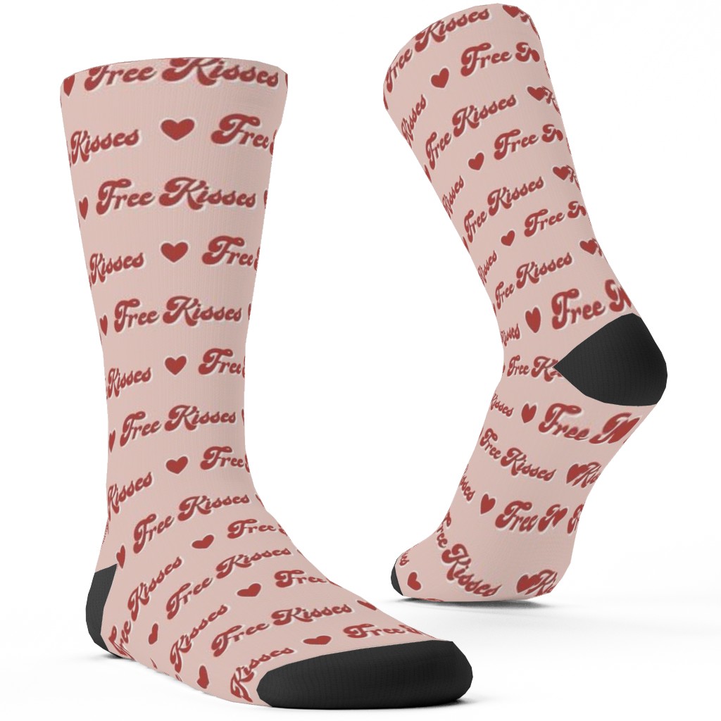 Free Kisses - Retro Hearts - Red on Pink Custom Socks, Pink