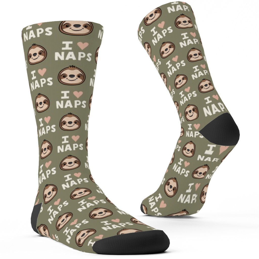I Heart Naps - Cute Sloths - Olive Green Custom Socks, Green, Classic Green