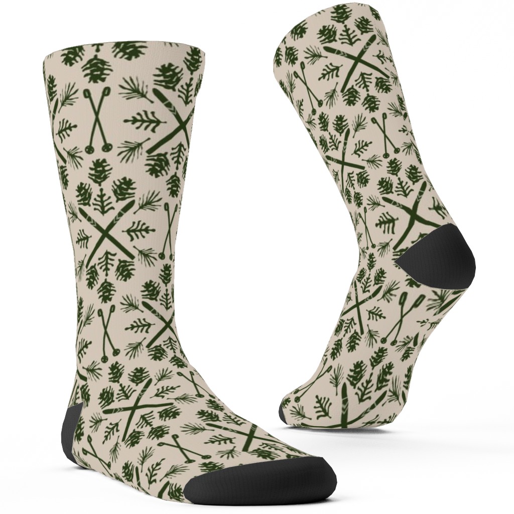 Winter Ski Season - Pine and Tan Custom Socks, Green