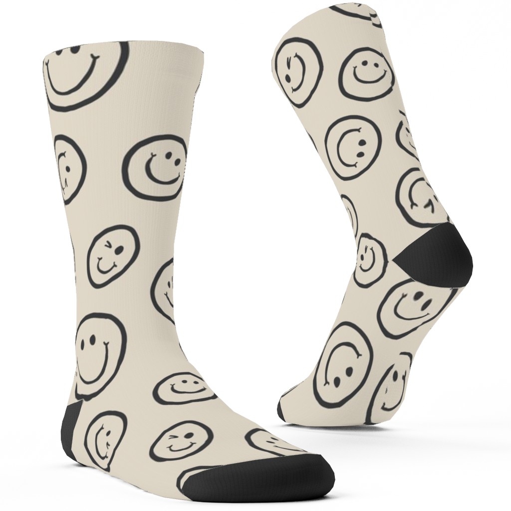 Smiley Winking Faces Custom Socks, Beige, Sand