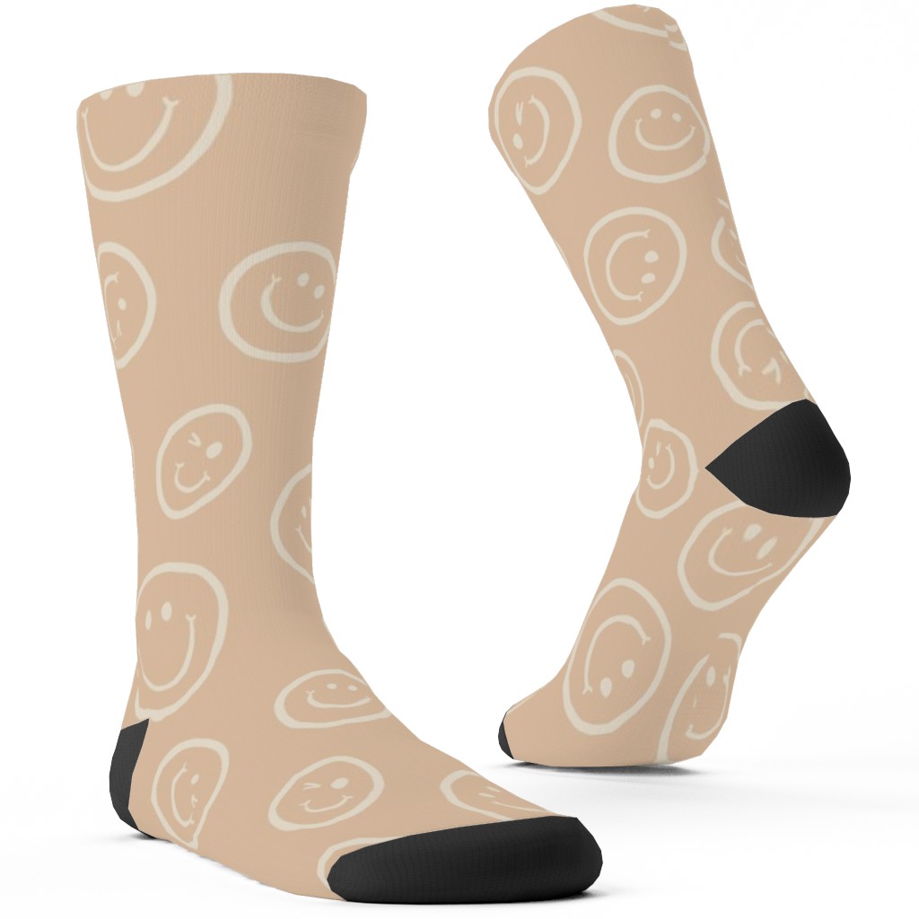 Smiley Winking Faces Custom Socks, Beige, Tan