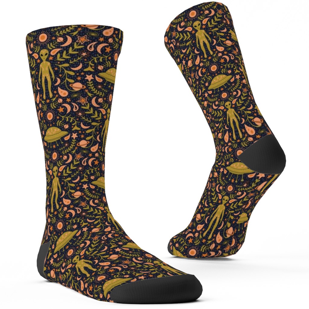 Folk Art Alien Custom Socks, Orange, Golden