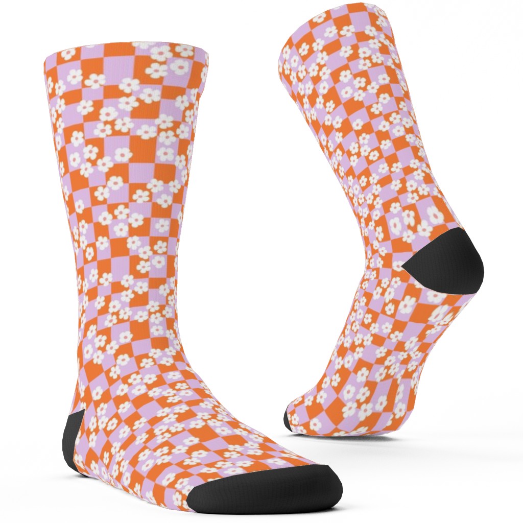 Checkered Daisies Retro - Orange and Pink Custom Socks, Multicolor