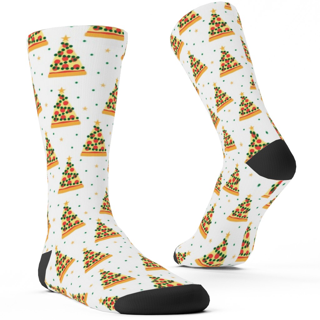 Pizza Christmas Trees - Multi on Light Custom Socks, Multicolor